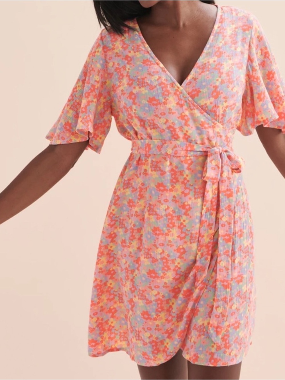 Billabong Floral Mini Dress in Orange, Mint & Pink